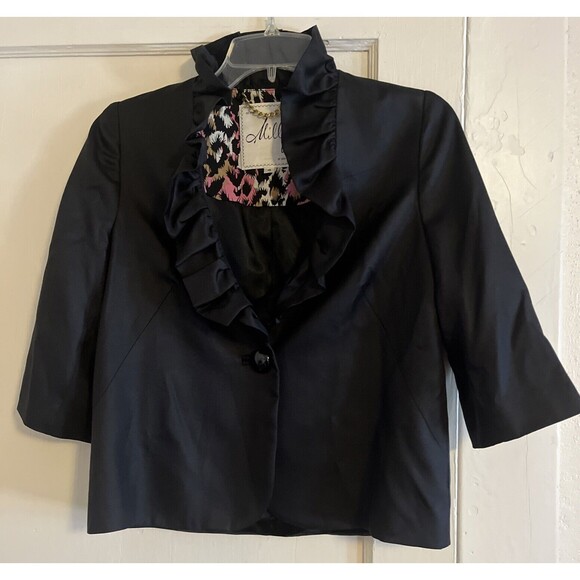 Milly New York Size 4 Women’s Ruffle Blazer Jacket Black One Button Silk Wool - Picture 1 of 9